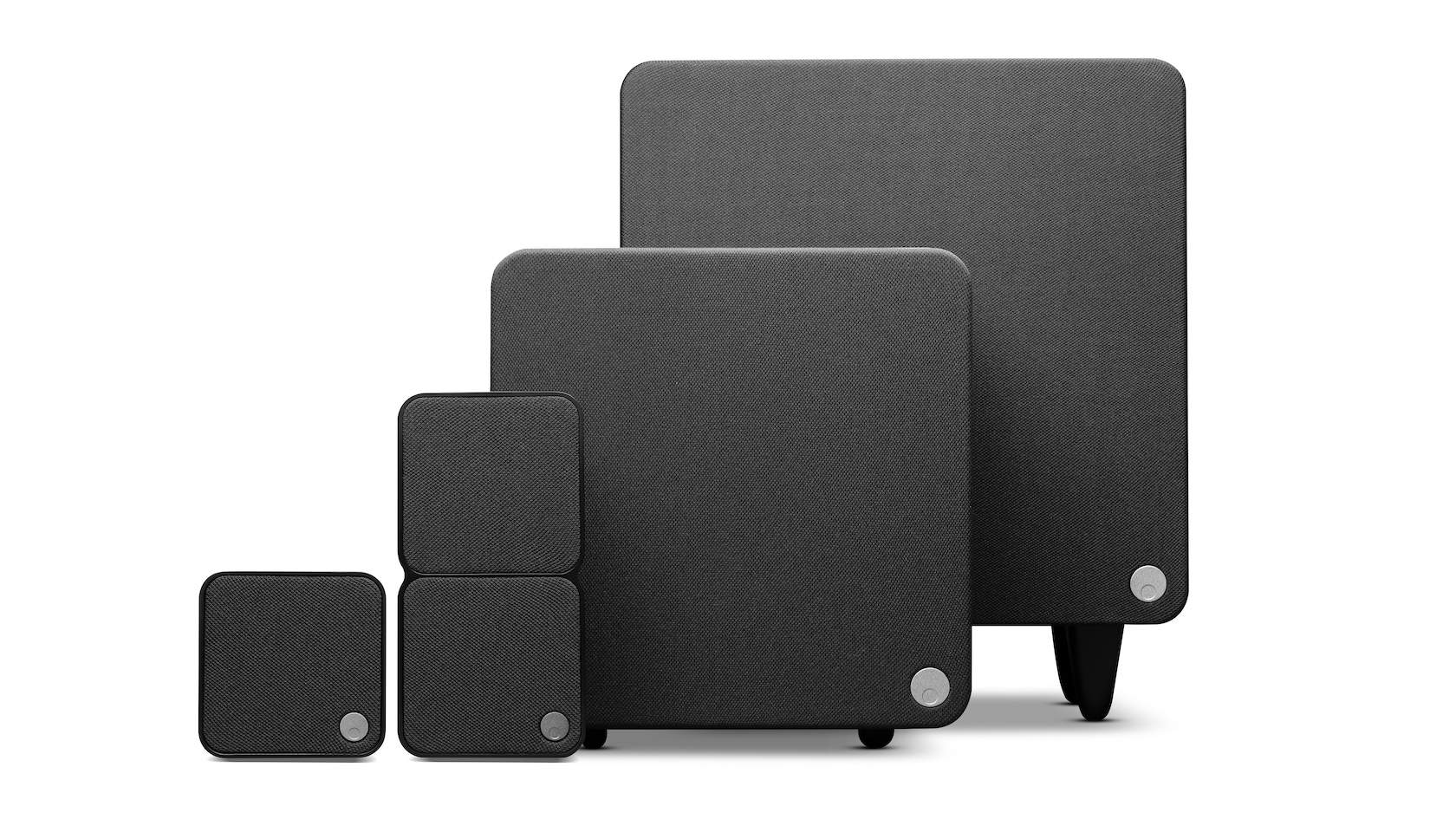 The Cambridge Audio MSX range of speakers and subwoofers in a black finish on a white background.