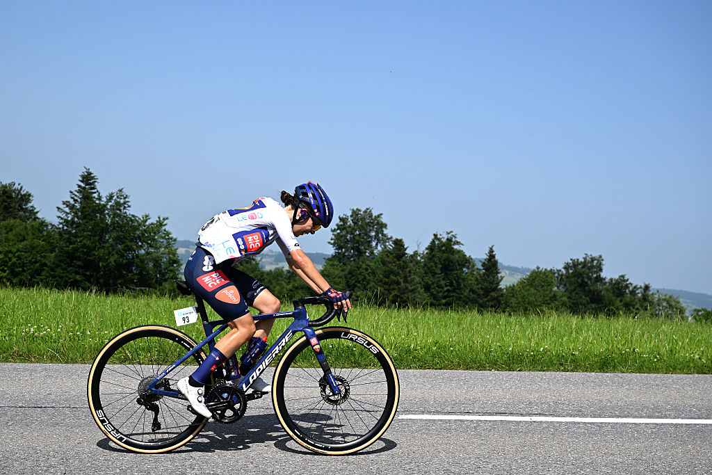Eleonora Ciabocco of Italy and Team Picnic PostNL - White Best Young Rider competes in the breakaway during the 5th Tour de Suisse Women 2025, Stage 2 a 161.7km stage from Gstaad to Oberkirch 1047m / #UCIWWT / on June 13, 2025 in Oberkirch, Switzerland. (Photo by Tim de Waele/Getty Images)