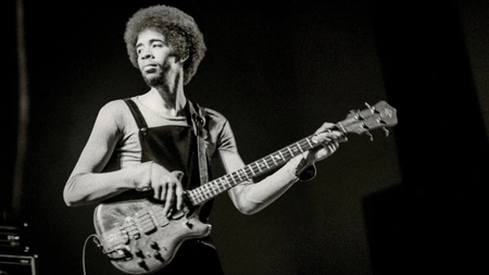 Stanley Clarke of Return To Forever performing on stage at the New Victoria Theatre in London, 4th May 1976.
