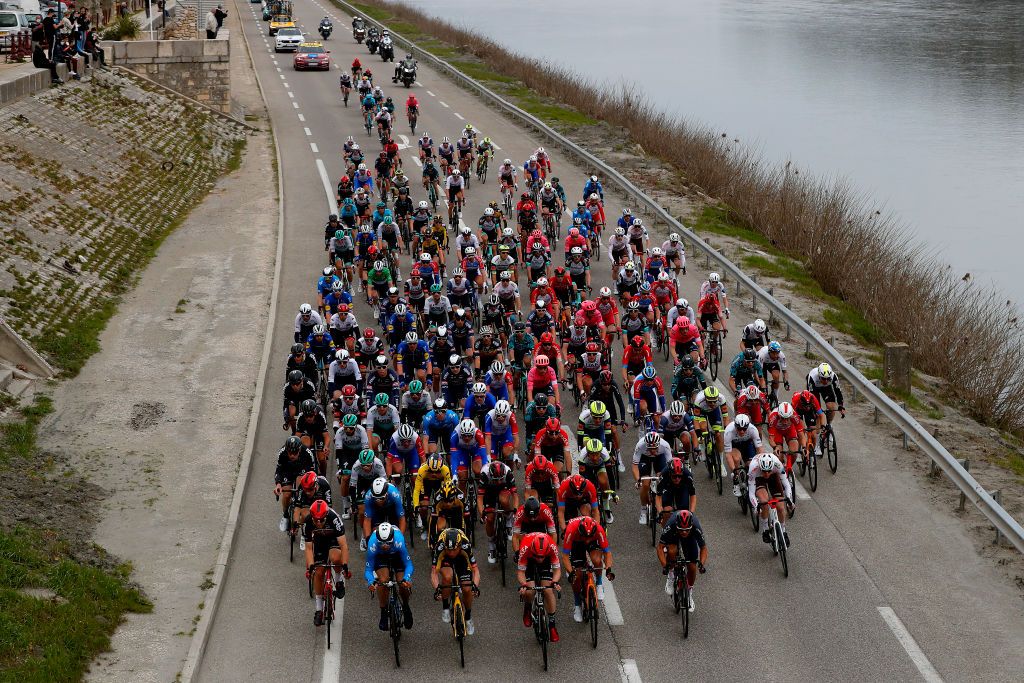 BOLLNE FRANCE MARCH 11 The peloton during the 79th Paris Nice 2021 Stage 5 a 200km stage from Vienne to Bollne Landscape ParisNice on March 11 2021 in Bollne France Photo by Bas CzerwinskiGetty Images
