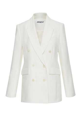 Double-Breasted Blazer in Textured Linen Twill | Ivory