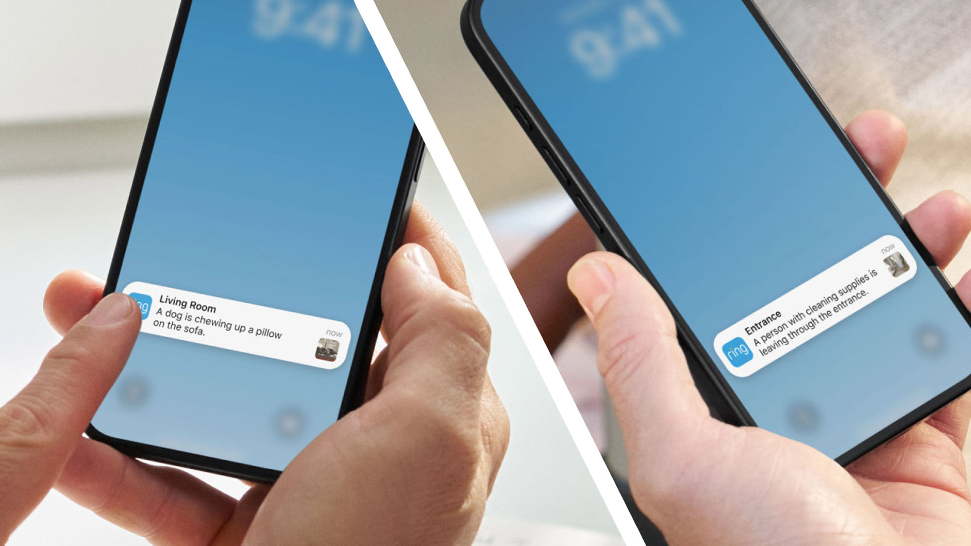 Two phones receiving AI-generated video description notifications from the Ring app