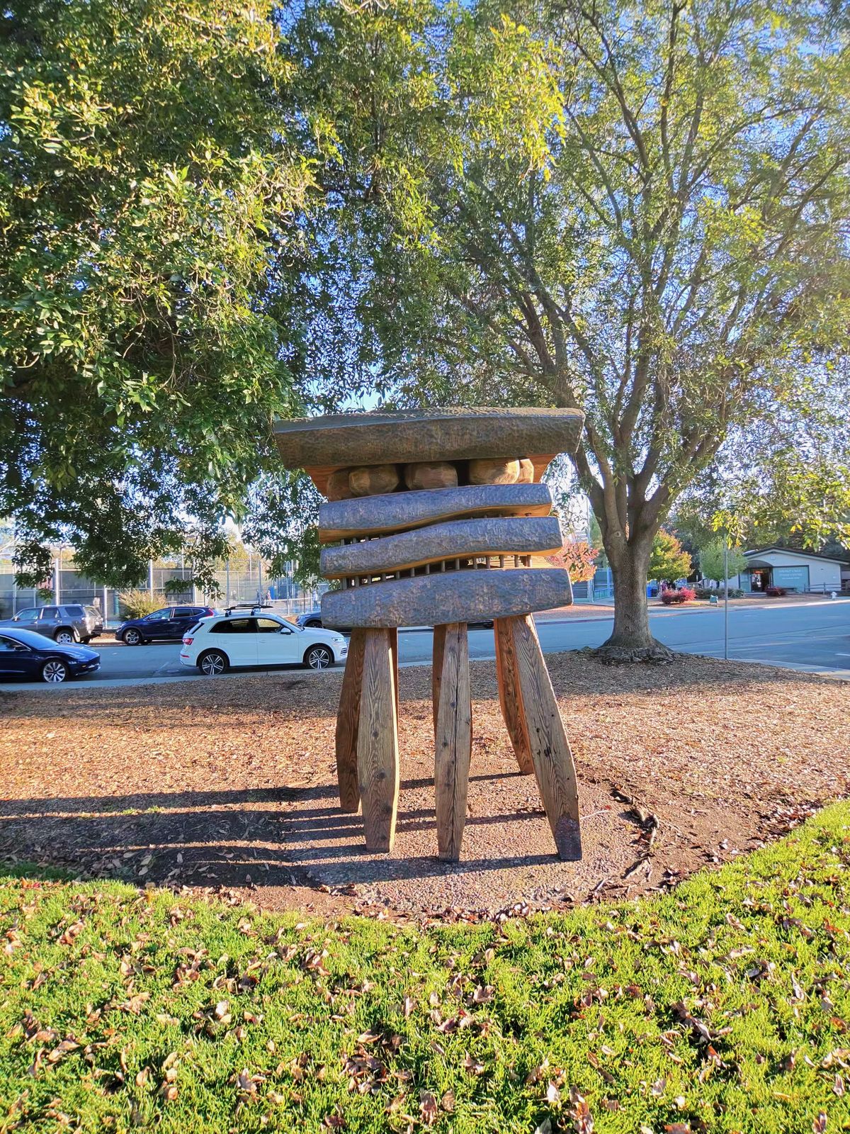 A photo taken with the Oakley Meta Vanguard smart glasses, showing a six-legged wooden statue in a park.
