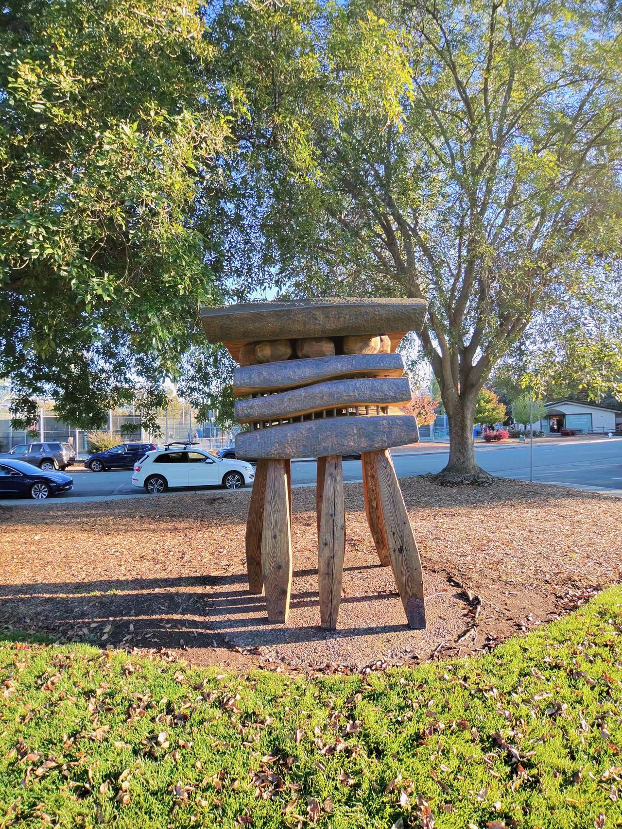 A photo taken with the Oakley Meta Vanguard smart glasses, showing a six-legged wooden statue in a park.