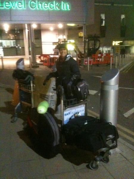 Arriving at Manchester airport fully stocked for Word Cup assault '10. So cold right now the camera is shaking!