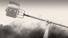Illustration of a hand raising a pitchfork with a severed robot's head stuck on the end