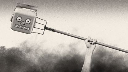 Illustration of a hand raising a pitchfork with a severed robot's head stuck on the end