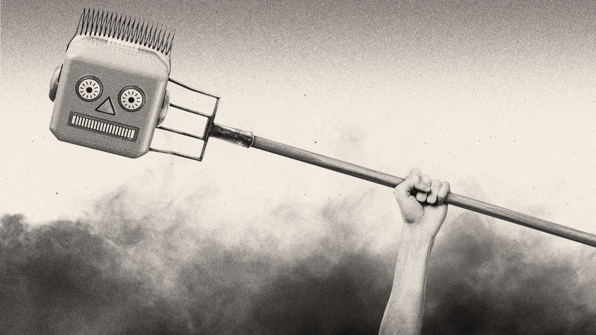Illustration of a hand raising a pitchfork with a severed robot's head stuck on the end