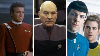 Star Trek movies in order (Image shows The Original Series James T Kirk, The Next Generation&#039;s Jean Luc Picard, and the Kelvin era&#039;s James T Kirk &amp; Spock