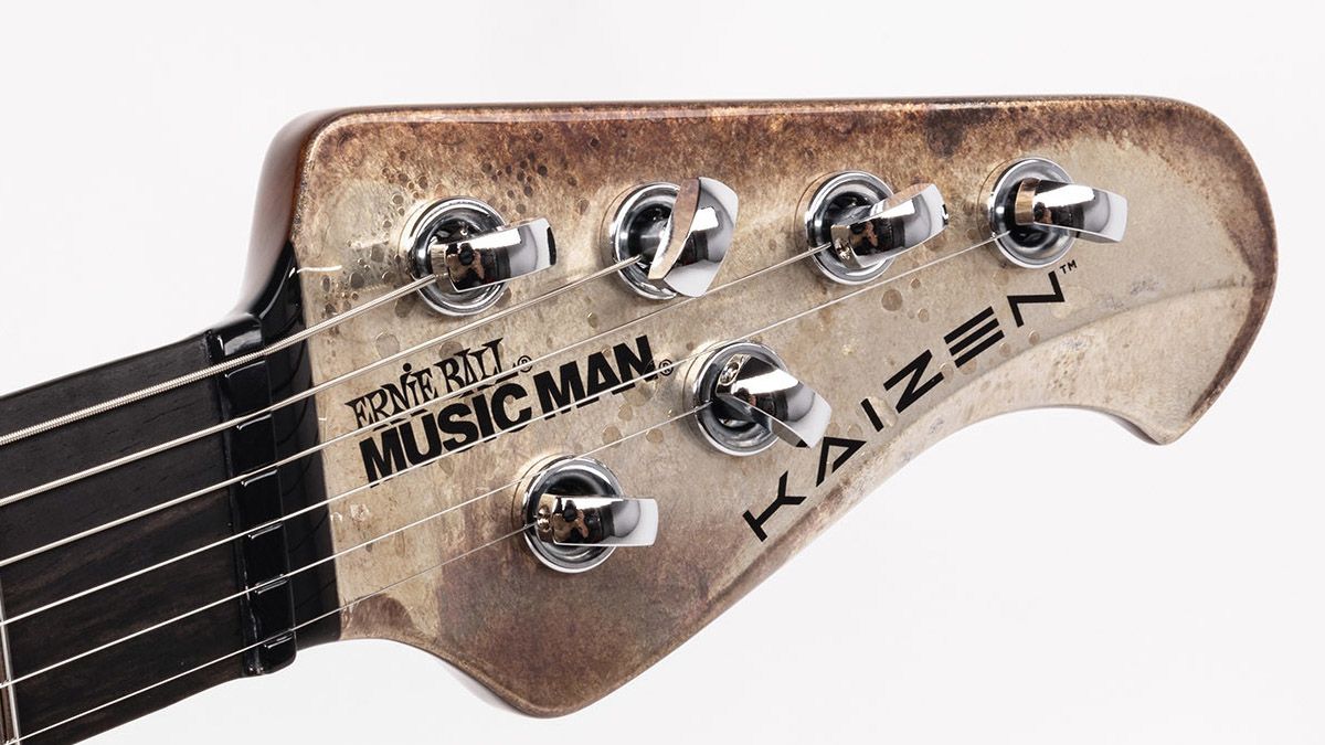 The Ernie Ball Music Man Kaizen Gallium has a custom aged metallic finish, making Tosin Abasi's signature electric guitar look like an alien artefact