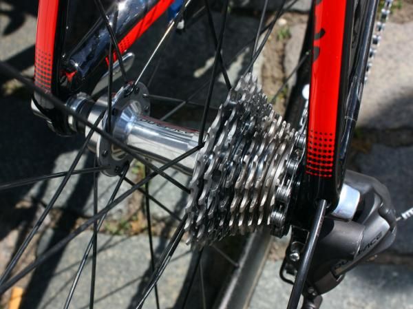 Steel and titanium cogs are fitted to the Shimano Dura-Ace rear hub.