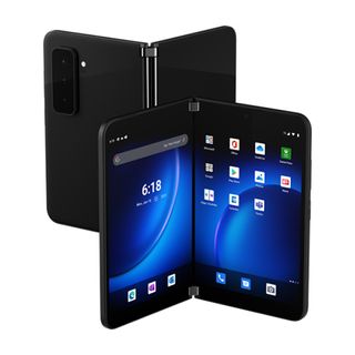 Smartphone mit zwei Bildschirmen und blauem Hintergrundbild.