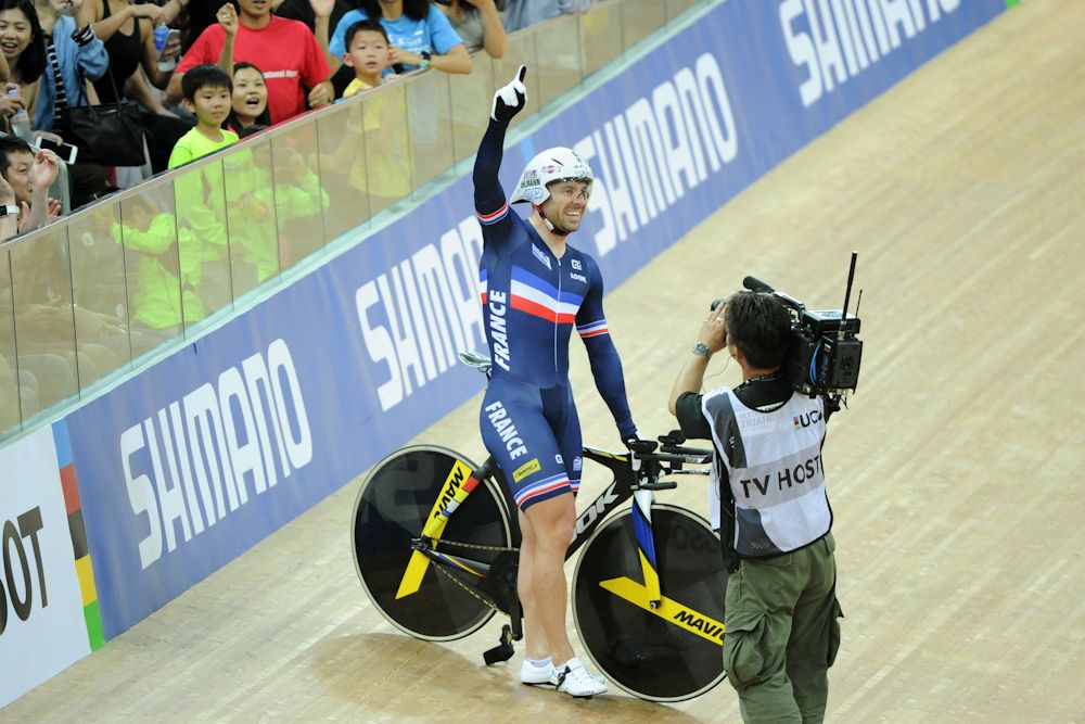 France's Francois Pervis reacts after winning the men's 1km time trial final at the Hong Kong Velodrome during the Track Cycling World Championships