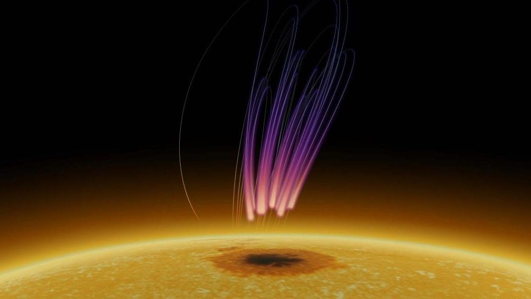 An artist&#039;s illustration of the aurora-like emission from the surface of the sun.