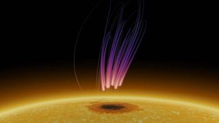 An artist's illustration of the aurora-like emission from the surface of the sun.