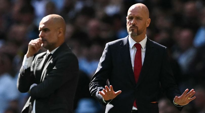 Manchester United manager Erik ten Hag and Manchester City boss Pep Guardiola during the 2024 FA Cup final at Wembley in May 2024.