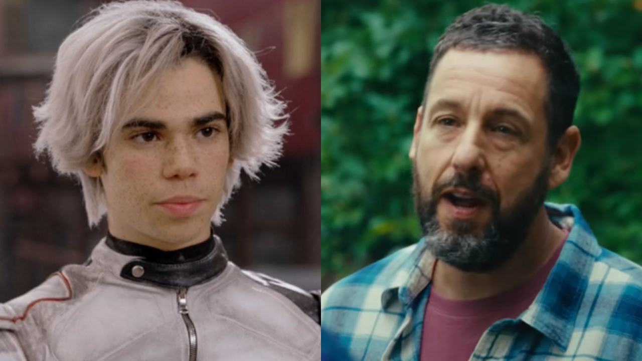Cameron Boyce stands looking determined in Descendants X, pictured next to Adam Sandler in conversation in Happy Gilmore 2. 