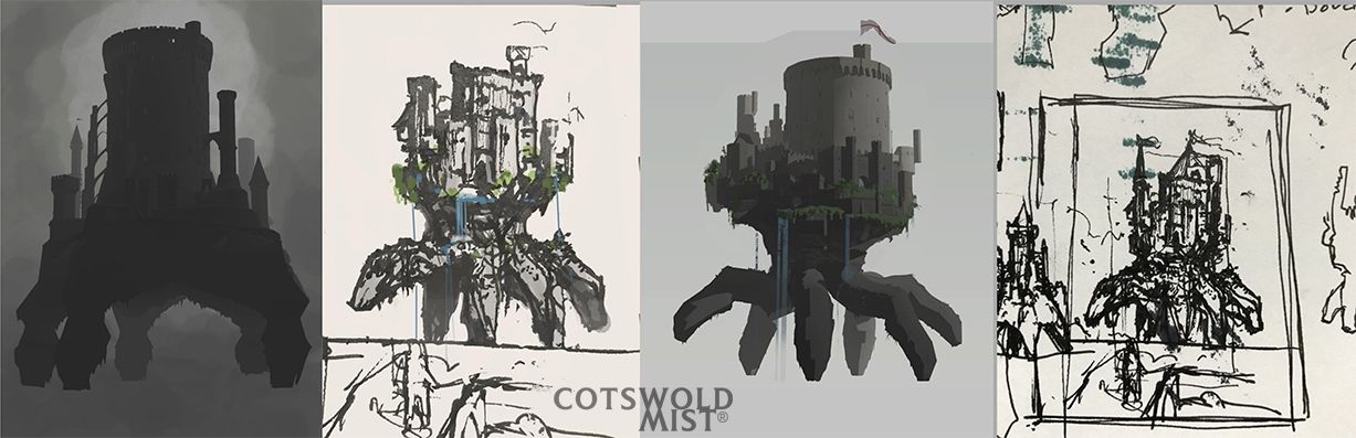 Cotswold Mist; making of a scene showing a castle walking above an English village