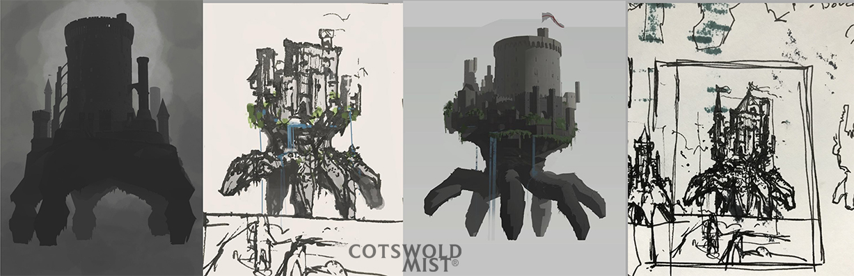 Cotswold Mist; making of a scene showing a castle walking above an English village