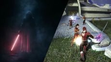 Darth Revan's silhouette spliced with an image of Bastille Shan fighting a group of droids