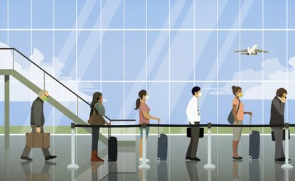 Travelers in face masks waiting in line at airport.