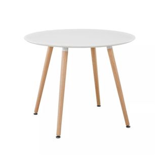 Round dining table with white top and wood contrast legs