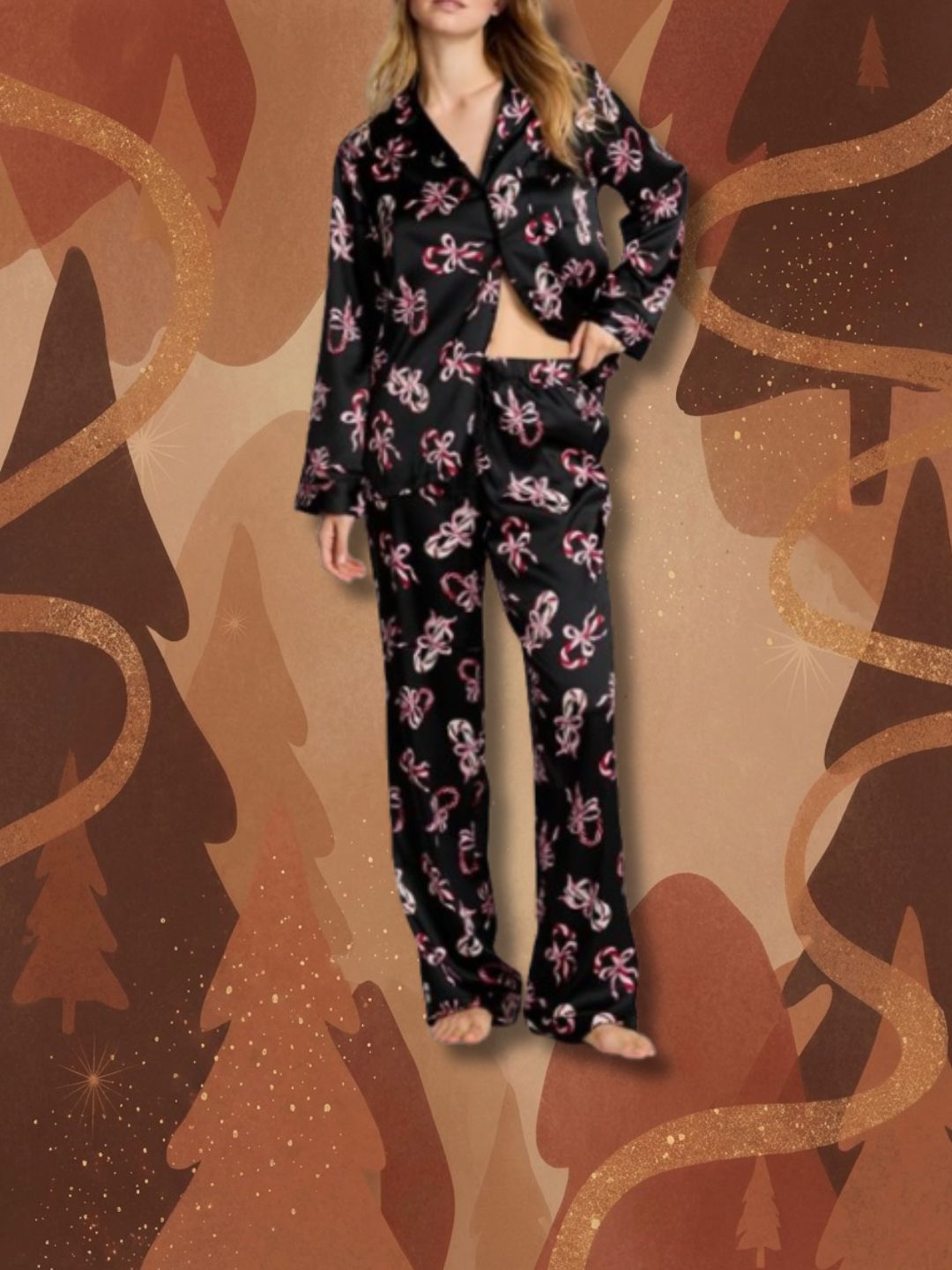 Woman wearing black silk pyjamas with red and pink candy canes on brown graphic background with abstract Christmas trees and glitter