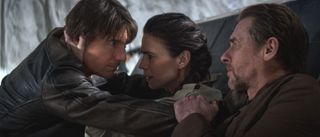 Tom Cruise shares a tense hug with Hayley Atwell and Simon Pegg in Mission: Impossible - The Final Reckoning.