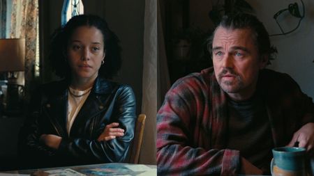 Side-by-side pictures of Chase Infiniti and Leonardo DiCaprio in One Battle After Another