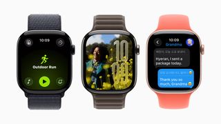 The official press render for WatchOS 26 showing the new workout view, Liquid Glass UI, and on-device translation tools.