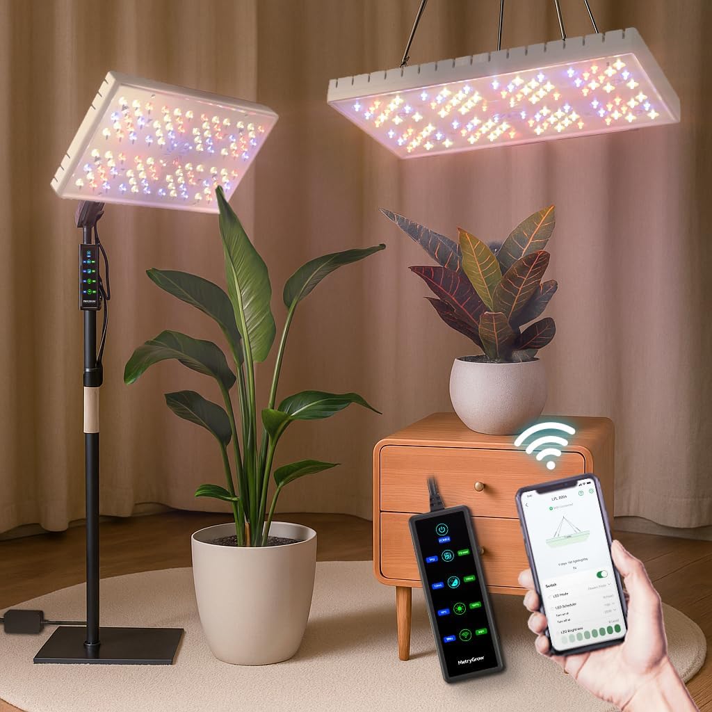 Metrygrow Grow Lights for Indoor Plants, [smart App &amp;amp; Expansive 2x2 Ft Coverage] Genuine 48watt Led Full Spectrum Standing/hanging Growing Plant Lamps, 8-Level Brightness, 270&amp;deg;folding, 360&amp;deg;rotation