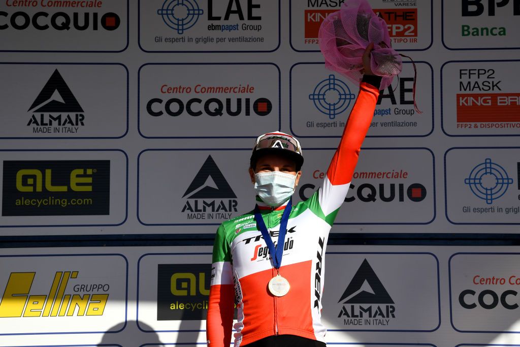 CITTIGLIO ITALY MARCH 21 Podium Elisa Longo Borghini of Italy and Team Trek Segafredo Celebration during the 45th Trofeo Alfredo BindaComune di Cittiglio 2021 Womens Elite a 1418km stage from Cocquio Trevisago to Cittiglio 257m Mask Covid safety measures Gold medal TrBinda UCIWWT on March 21 2021 in Cittiglio Italy Photo by Tim de WaeleGetty Images