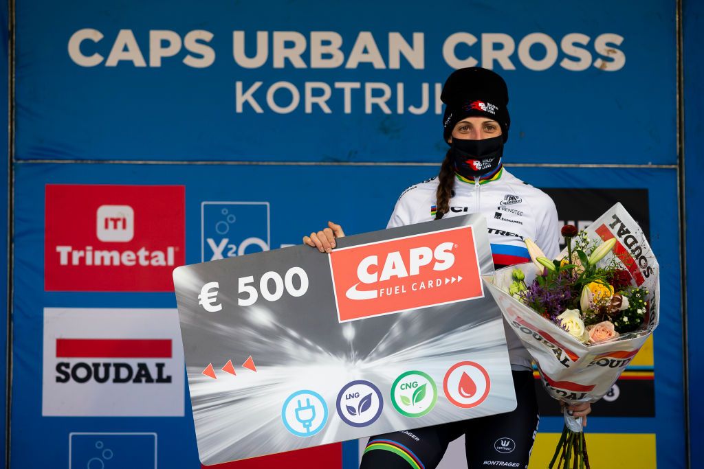 Dutch Lucinda Brand celebrates on the podium after winning the womens elite race of the Urban Cross Kortrijk cyclocross cycling event on Saturday 27 November 2021 in Kortrijk the second stage in the X2O Badkamers Trofee Veldrijden competition BELGA PHOTO KRISTOF VAN ACCOM Photo by KRISTOF VAN ACCOMBELGA MAGAFP via Getty Images