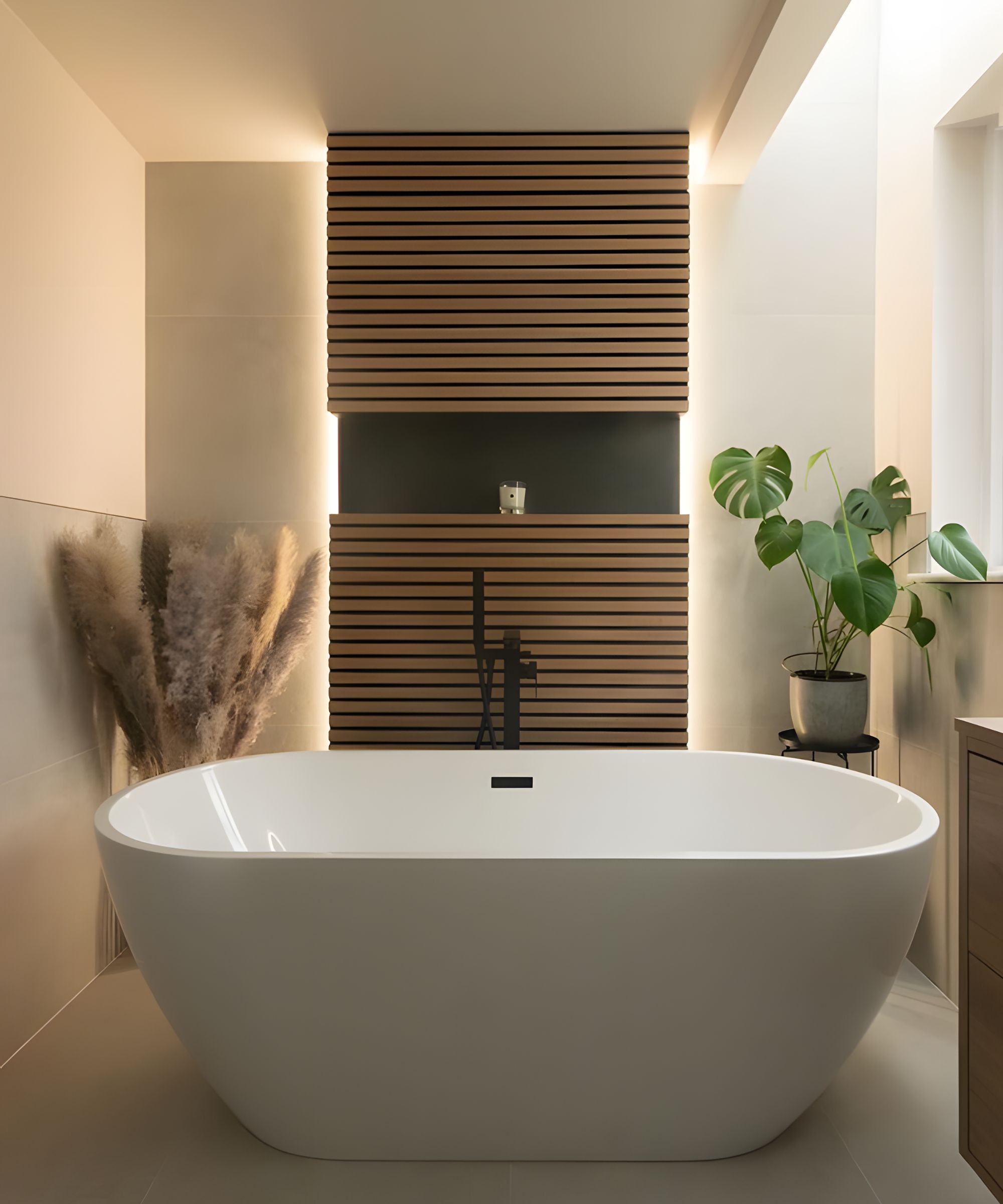 A freestanding bath in a small bathroom with cream wall panels and a panelled bathroom niche with back lights