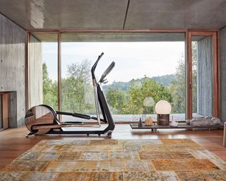 Home gym with large window and exercise bike