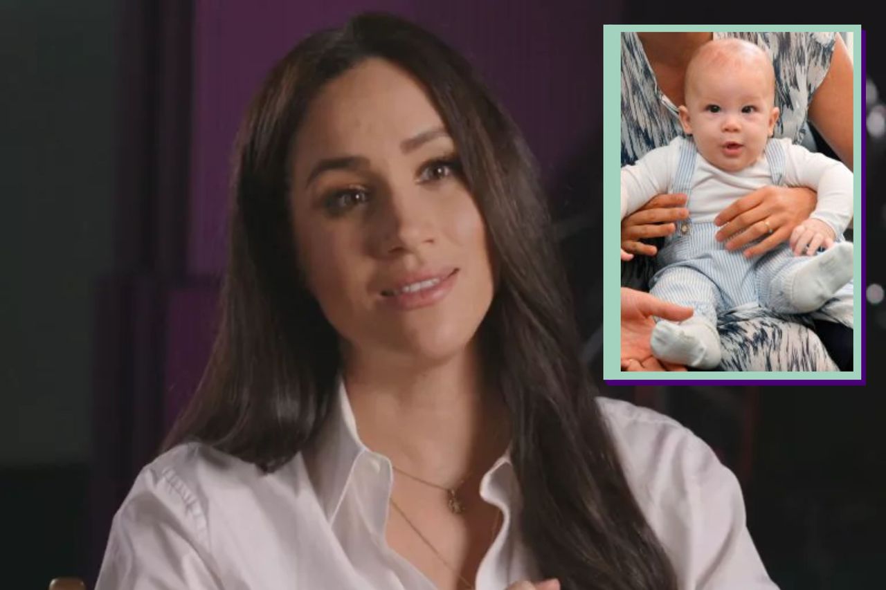 a collage of Meghan with an out box showing a photo of baby Archie Harrison