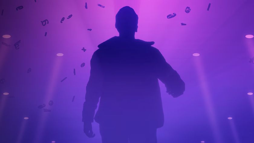 Key art for Lumines Arise showing a silhouetted figure walking through purple light with letters spiralling around them