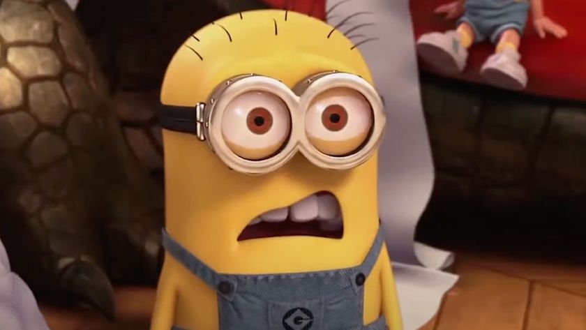 A shocked Minion shortly after saying &quot;what&quot;