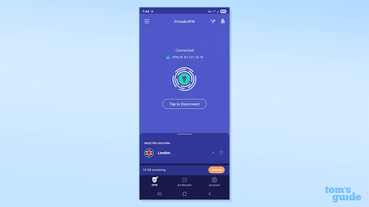 PrivadoVPN Free connected to a UK server on Android