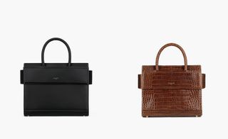 A black leather handbag and a brown alligator skin patterned handbag.