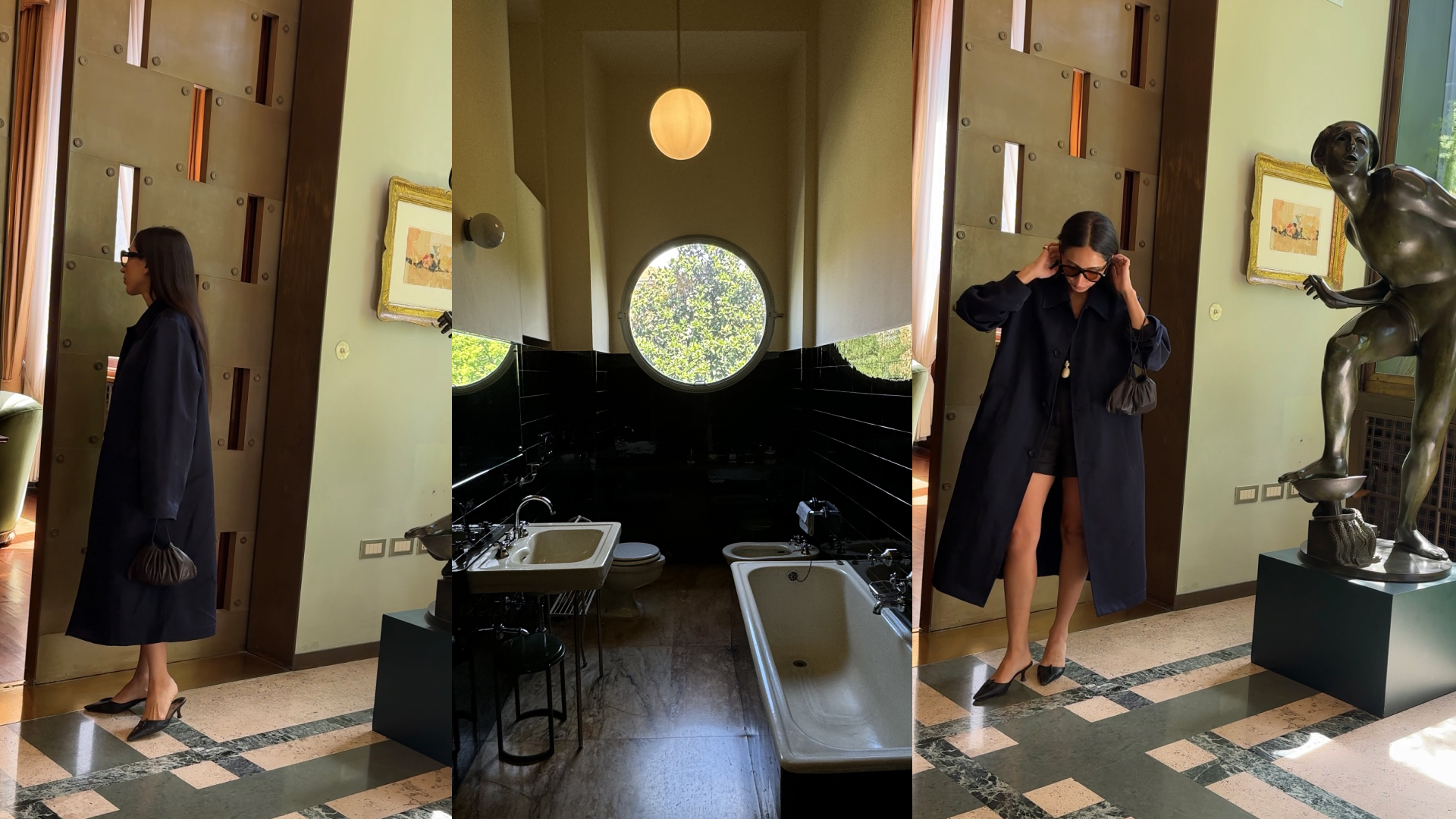 Alexis Badiyi in her hotel in Italy wearing a Trench coat