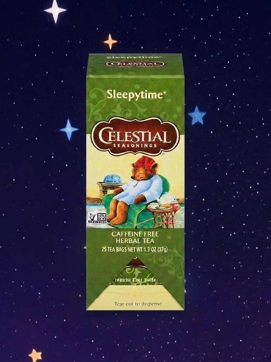 A box of Celestial Seasonings Sleepy teabags against a starry background edited by Gemini
