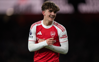 Max Dowman celebrates scoring Arsenal's second goal during the Premier League match between Arsenal and Everton at Emirates Stadium on March 14, 2026 in London, United Kingdom. 