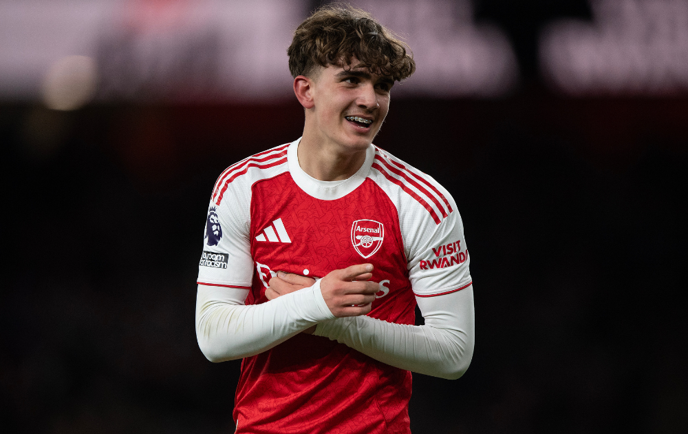 Max Dowman celebrates scoring Arsenal's second goal during the Premier League match between Arsenal and Everton at Emirates Stadium on March 14, 2026 in London, United Kingdom. 