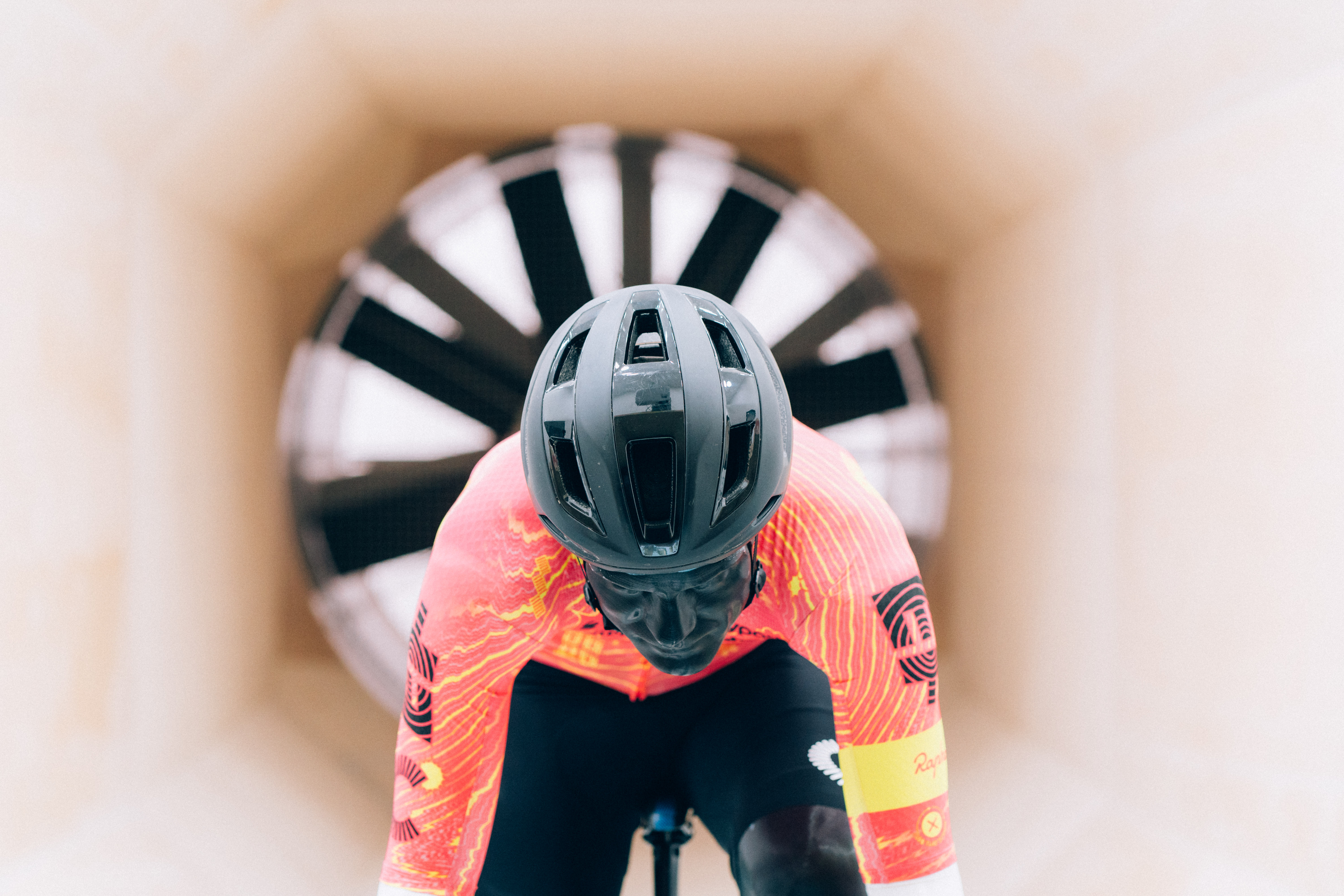 A close up of helmets being tested in the wind tunnel