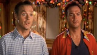 Michael Keaton as Doug 3 standing next to Michael Keaton as Doug 2 in Multiplicity