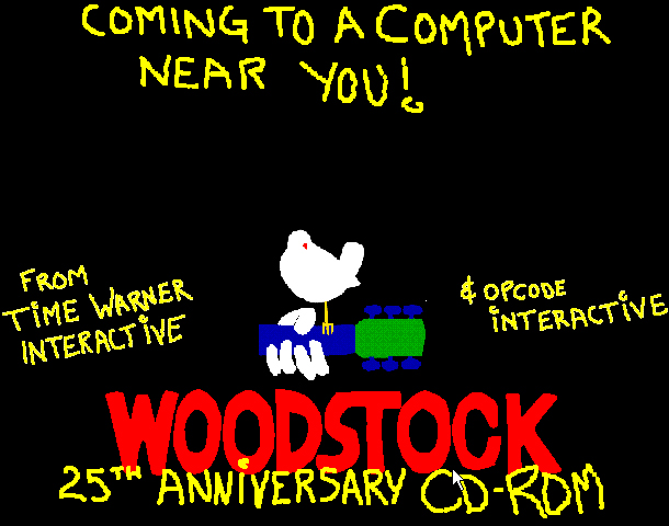 A bird on a guitar and a promise that Woodstock 25th Anniversary CD-ROM is coming to a computer near you