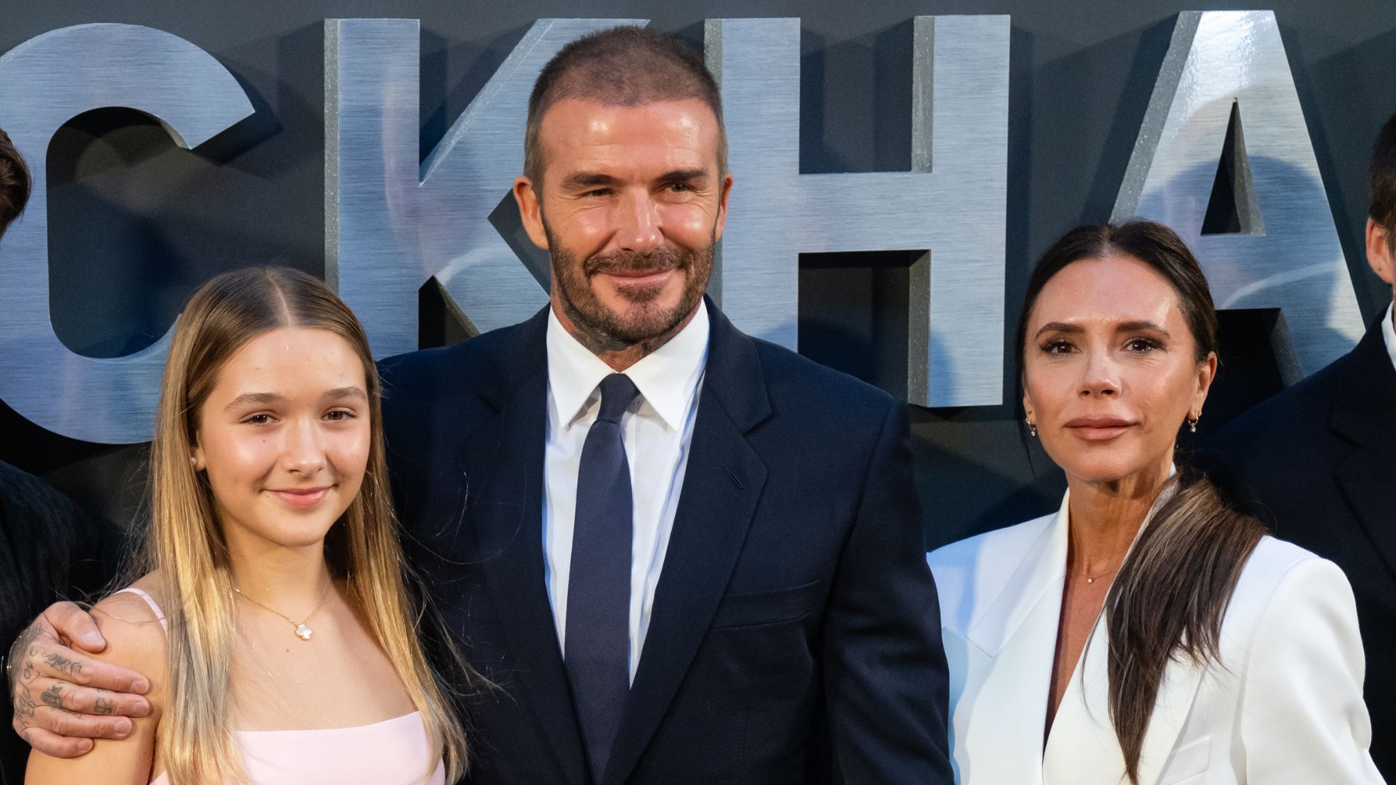 Harper, David and Victoria Beckham attend the premiere of 'Beckham' in 2023