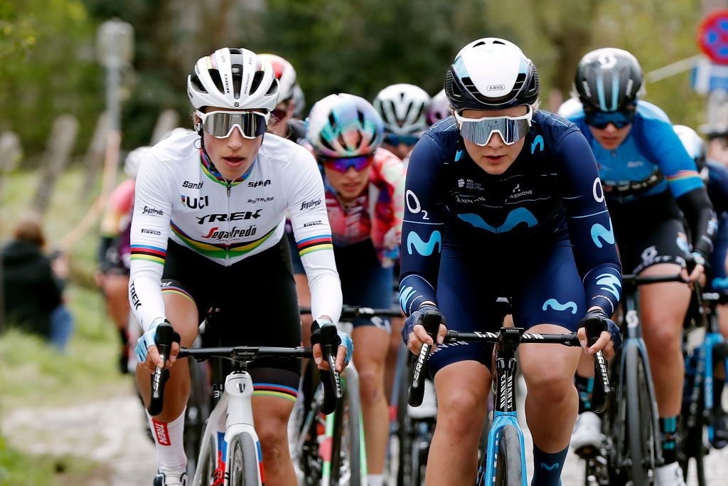 OUDENAARDE BELGIUM APRIL 03 LR Elisa Balsamo of Italy and Team Trek Segafredo world champion jersey and Emma Norsgaard Jorgensen of Denmark and Movistar Team compete during the 19th Ronde van Vlaanderen Tour des Flandres 2022 Womens Elite a 1586km one day race from Oudenaarde to Oudenaarde RVV22 RVVwomen on April 03 2022 in Oudenaarde Belgium Photo by Bas CzerwinskiGetty Images