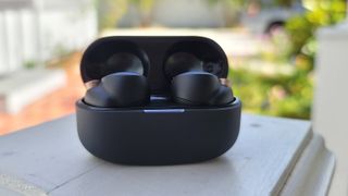 The Sony WF-1000XM4 wireless earbuds and charging case